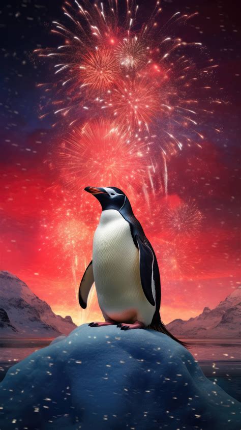 Penguin Stands Proudly Atop An Iceberg Auroras And Fireworks Painting