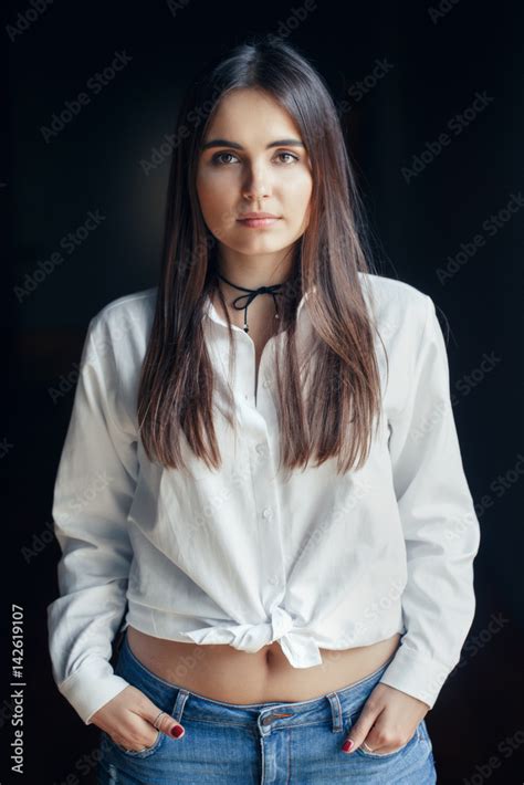 Portrait Of Pensive Sad White Caucasian Brunette Young Beautiful Girl Woman Model With Long Dark