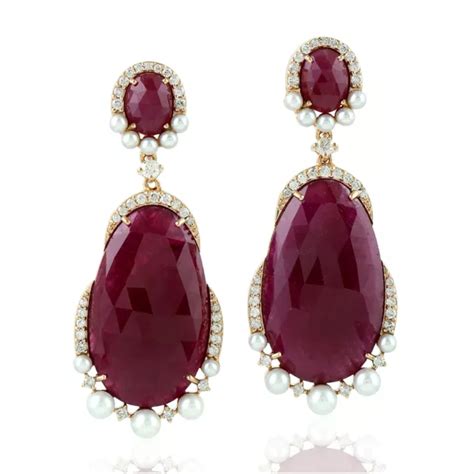 Naturel Perle Rubis Cr Ateur Boucles D Oreilles Pendantes K Or Rose