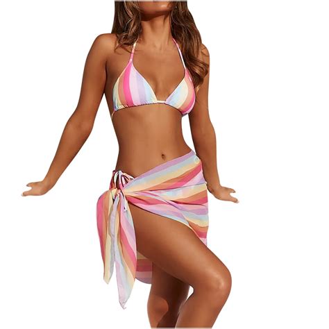 Wreesh Womens Bikini Set With Sarong Bathing Suit Beach Cover Up Wrap Skirt Printed Bikini