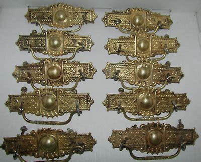 Set Antique Victorian Dresser Drawer Pulls Stamped Brass Bails