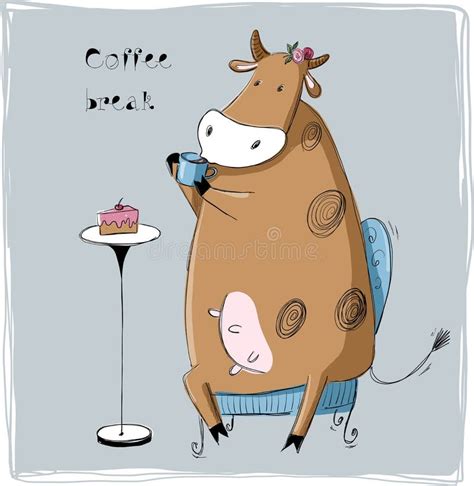 Funny Cow with Cup of Hot Drink Has a Coffee Break, Vector Cute ...