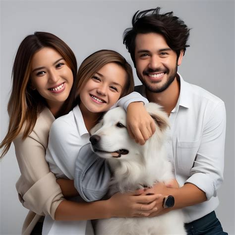 Un Hombre Y Dos Mujeres Posan Para Una Foto Con Un Perro Foto Premium