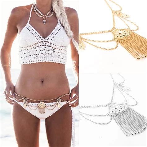 Cadena De Cuerpo Chapada En Plata Para Mujer Bikini Sexy Cadena Punk