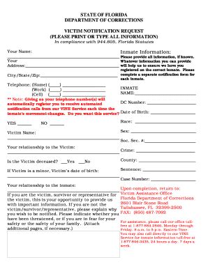 Fillable Online Dc State Fl Victim Notification Request Form Florida