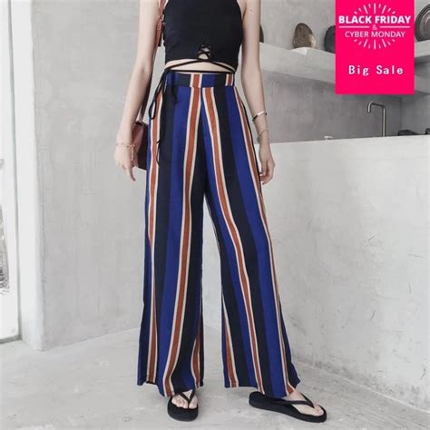 Thailand Flower Pants Beach Striped High Waist Chiffon Wide Leg Pants