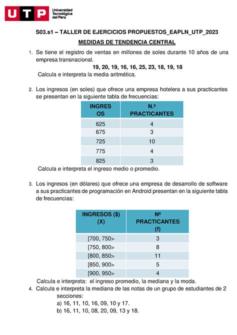 S S Taller De Ejercicios Propuestos Eapln Utp S Taller