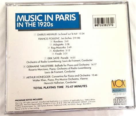 Music in Paris In the 1920s CD Vintage 1993 Vox Allegretto ACD 8157 ...