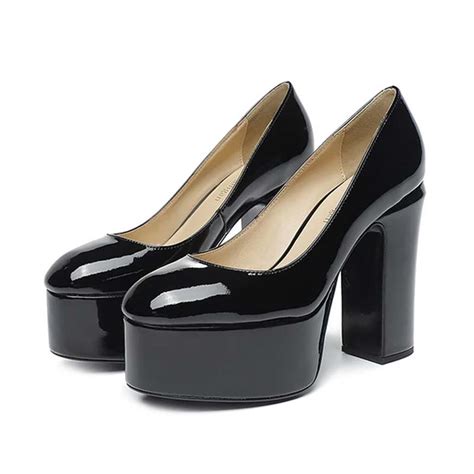 Emma Jones Round Toe High Platforms Chunky Heels Pumps Black Patent In Sexy Heels And Platforms