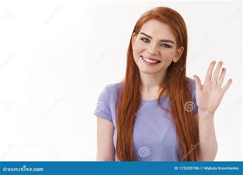 Close Up Shot Cheerful Friendly Nice Smiling Redhead Girl Waving