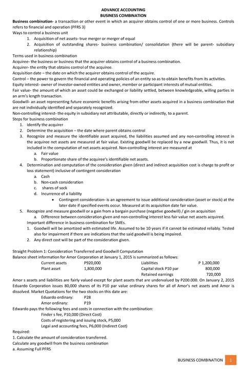 Business Combination Reviewer ADVANCE ACCOUNTING BUSINESS COMBINATION