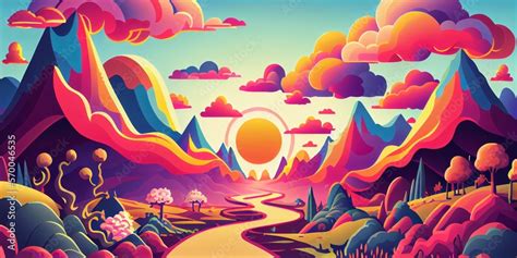 Colorful psychedelic landscape cartoon style wallpaper. 70s Hippie ...