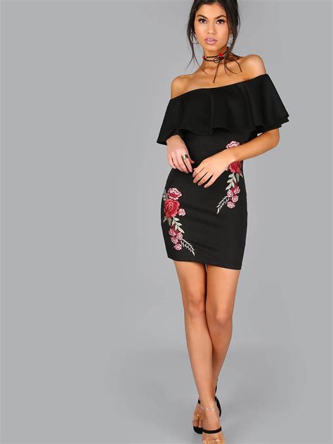 Embroidered Rose Applique Off Shoulder Ruffle Dress Sheinsheinside