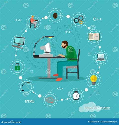 Programmer Sit On A Chair And Working With Computer Stock Vector