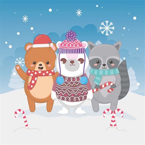 Premium Vector Cute Polar Bear Raccoon And Teddy Snow Candy Canes