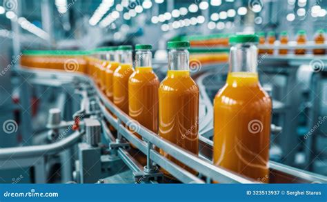 A Conveyor Belt With Orange Juice Bottles On It In A Factory AI Stock