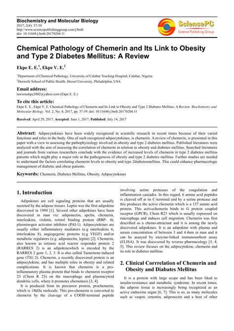 Pdf Chemical Pathology Of Chemerin And Its Link To Obesity And Type 2