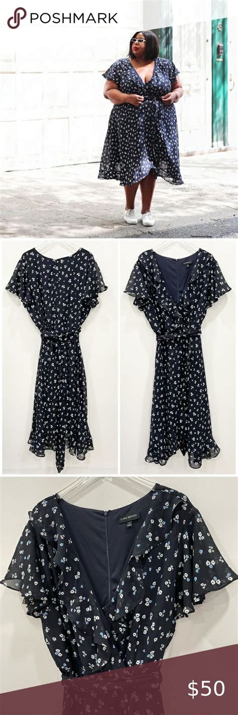 Lane Bryant Floral Navy Faux Wrap Dress Belted Ruffle Trim 26 Faux