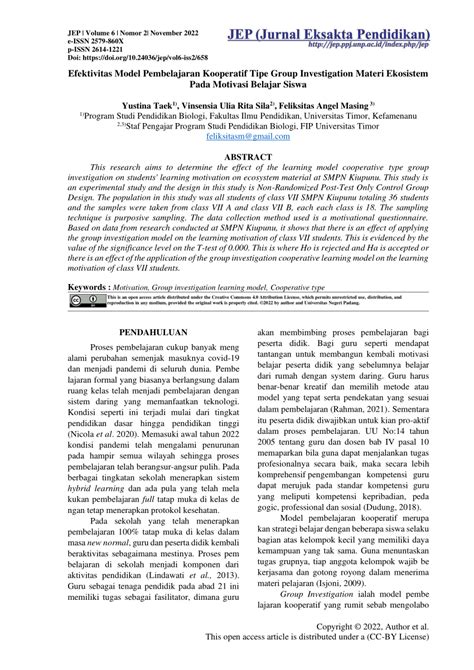 Pdf Efektivitas Model Pembelajaran Kooperatif Tipe Group