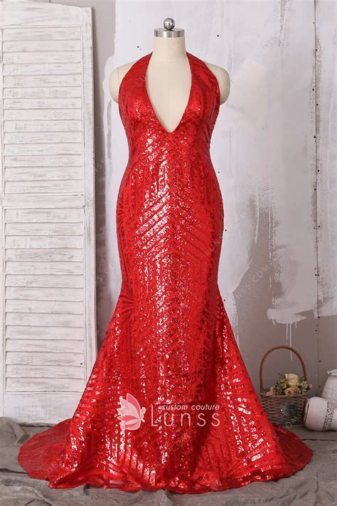 Reviews Of Sparkle Red Stripe Sequin Halter V Neck Mermaid Prom Gown