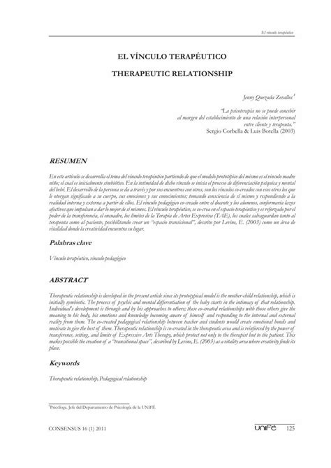 PDF EL VÍNCULO TERAPÉUTICO THERAPEUTIC RELATIONSHIP En este