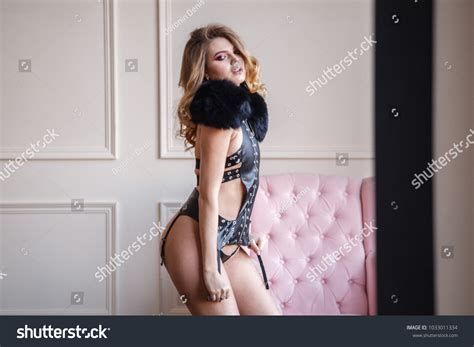 Lovely Girl Sexy Blonde Lingerie Posing Stock Photo