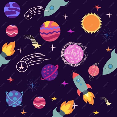 Premium Vector Seamless Space Pattern Planets Rockets And Stars