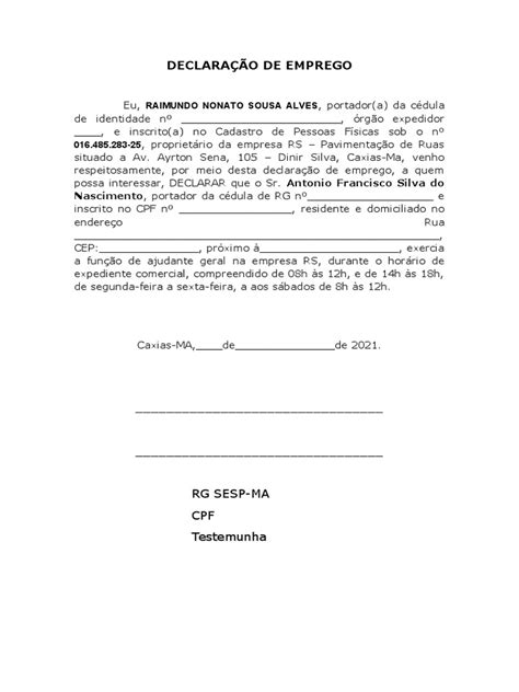Modelo De Declaracao De Emprego - Declaração de Emprego | PDF