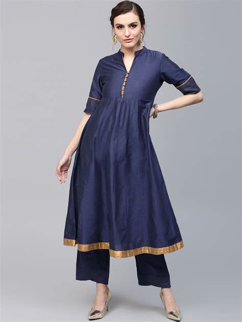 Buy Aks Women Navy Silk Solid Anarkali Kurta Kurtas For Women