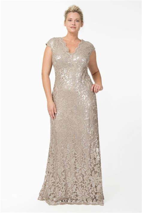 Paillette Embroidered Lace Scalloped V Neck Gown In Sand Plus Size