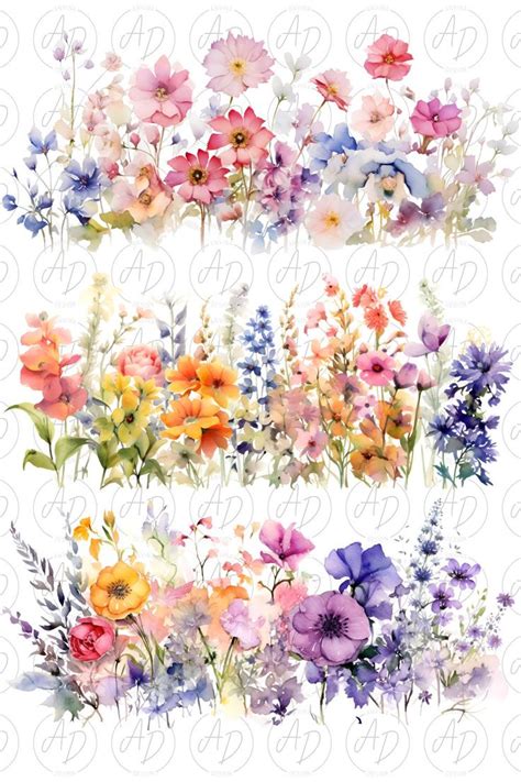 watercolor flowers with different colors and sizes