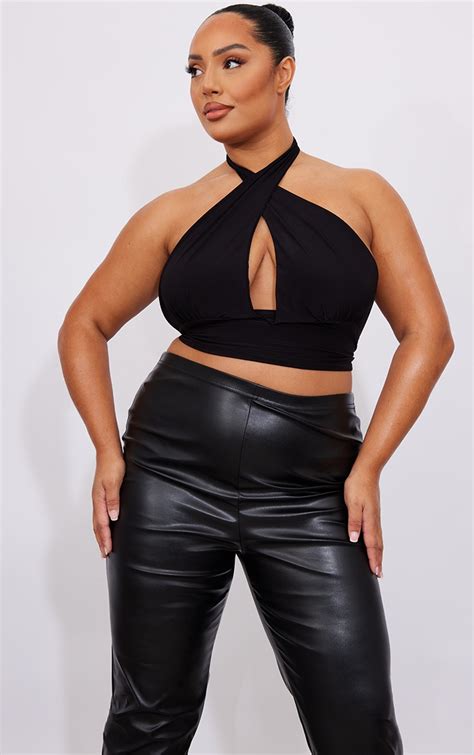 Plus Black Slinky Tie Back Crop Top Prettylittlething Usa