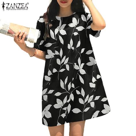 Zanzea Women Vintage Floral Print O Neck Short Sleeve Side Pockets Mini