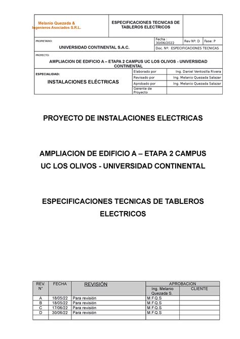 Uc Lima Los Olivos Eett Tableros Electricos R D Especificaciones