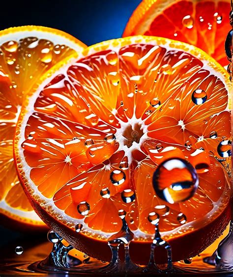 Oranges Cut In Half With Water Droplets On Surface Close Up Macro