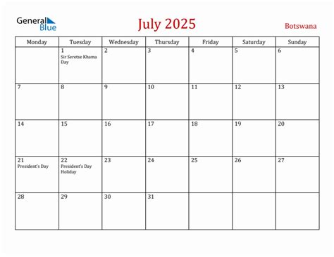 July 2025 - Botswana Monthly Calendar with Holidays