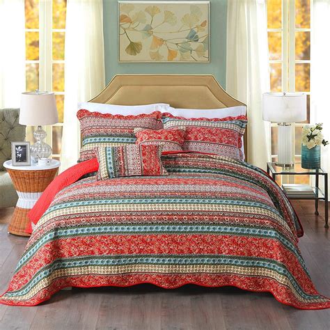 Unimall Super King Size Cotton Quilted Bedspread Comforter Red Stripe