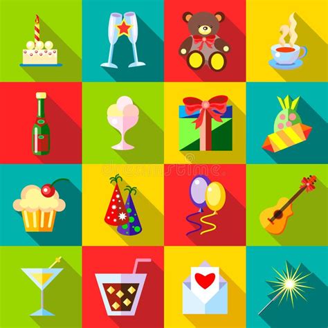 Happy Birthday Icons Set Flat Style Stock Vector Illustration Of Cone