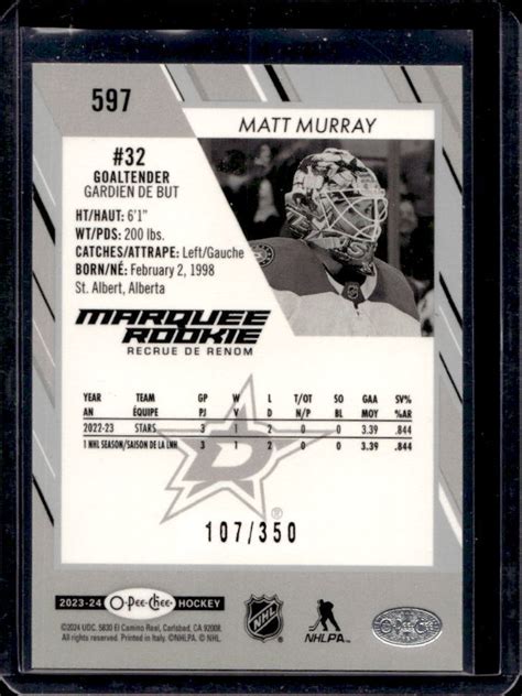 2023 24 O Pee Chee Matt Murray Rainbow Marquee Rookie RC 107 350 Stars