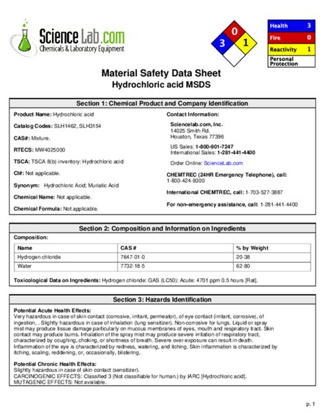 PDF) Material Safety Data Sheet Hydrochloric Acid MSDS, 46% OFF