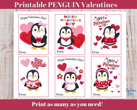 Penguin Valentine Cards Valentines For Kids Printable Etsy