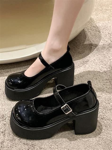 Women Buckle Decor Platform Mary Jane Shoes Elegant Outdoor Black