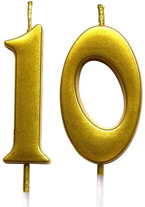 Gold 10th Birthday Numeral Candle, Number 10 Cake Topper Candles Party ...