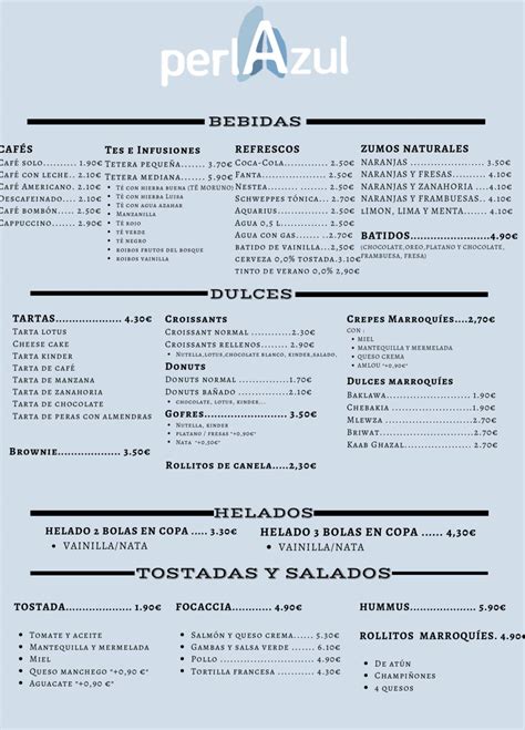 Carta De Cafeter A Restaurante Perla Azul C Rdoba