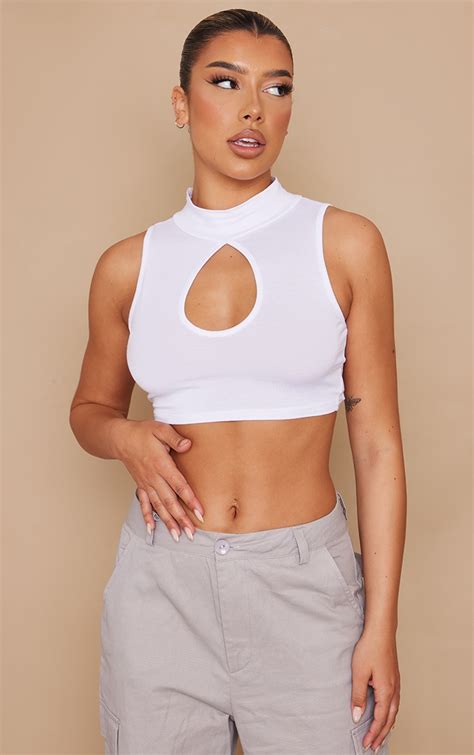 White High Neck Cut Out Sleeveless Crop Top Prettylittlething