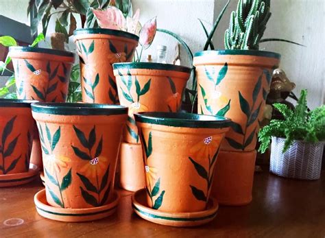 Pots D Coratifs En Terre Cuite Planter Avec Peinture La Main Etsy