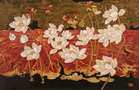 White Lotus Vietnamese Lacquer Painting By Artist Do Khai