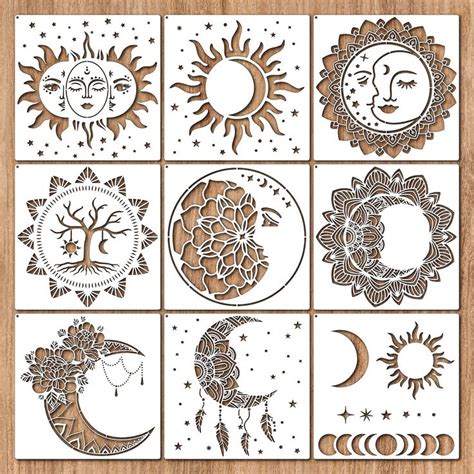 9 Pieces Mandala Sun And Moon Stencil Moon Sun Flower Star Stencil