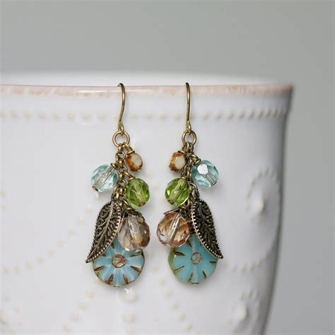 Flower And Leaf Cluster Earrings Czech Glass And Antiqued Etsy