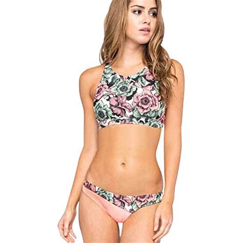 Feelingirl Retro Damen Bandeau Bikini High Waist Push Up Set Druck S